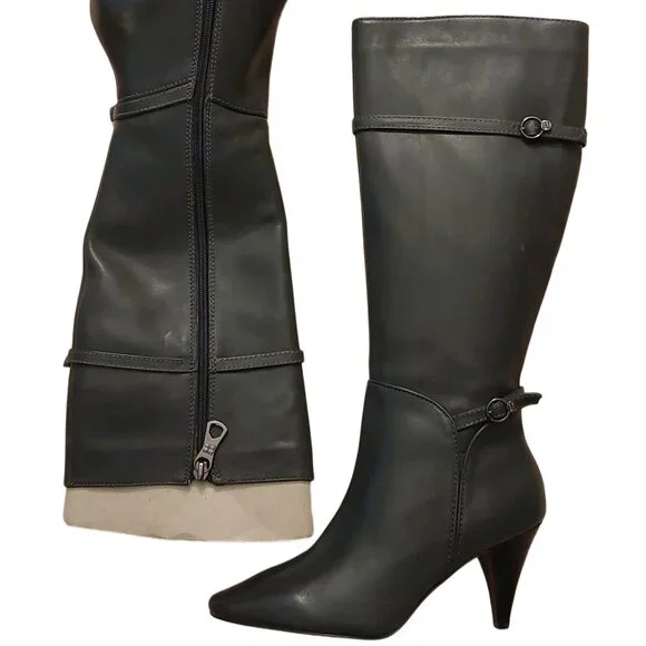 BCBGMAXAZARIA AVA Belted Dark Charcoal Grey Leather Boots Retail Sz 6.5 $434